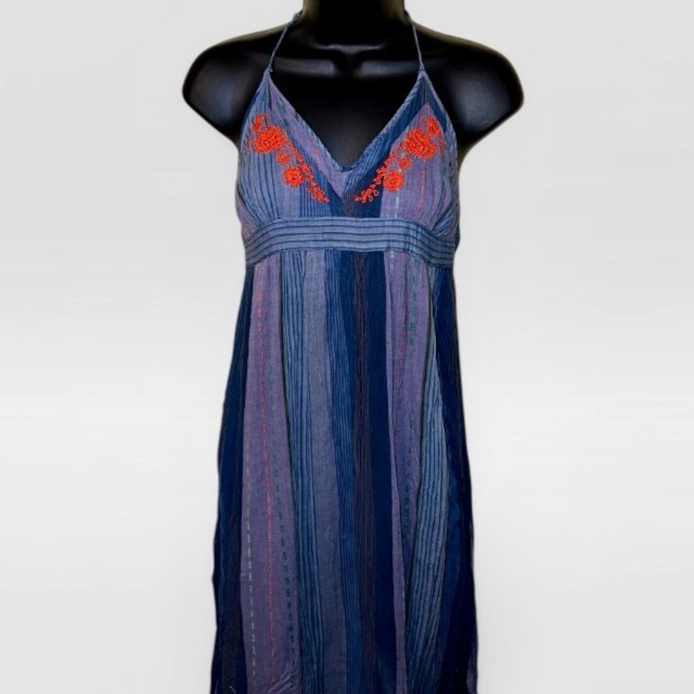 Vintage Blue Stripe Halter Open Back Embroidery Boho Ruffle Maxi Dress Size M - Picture 3 of 11